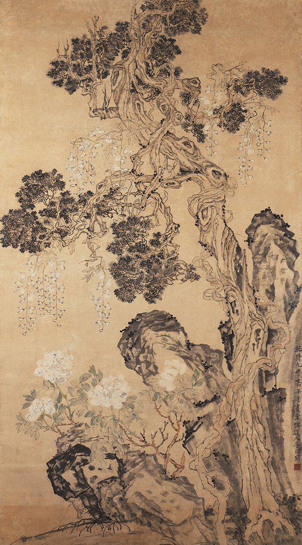 《古柏紫藤牡丹》李鱓 清 纸本水墨 180*105cm